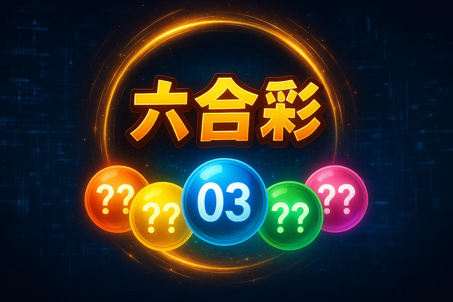 六合彩開獎號碼視覺圖,中央藍色彩球顯示中獎號碼03,搭配五顆彩色彩球與金色光環,呈現台灣六合彩開獎畫面</p>
<p>