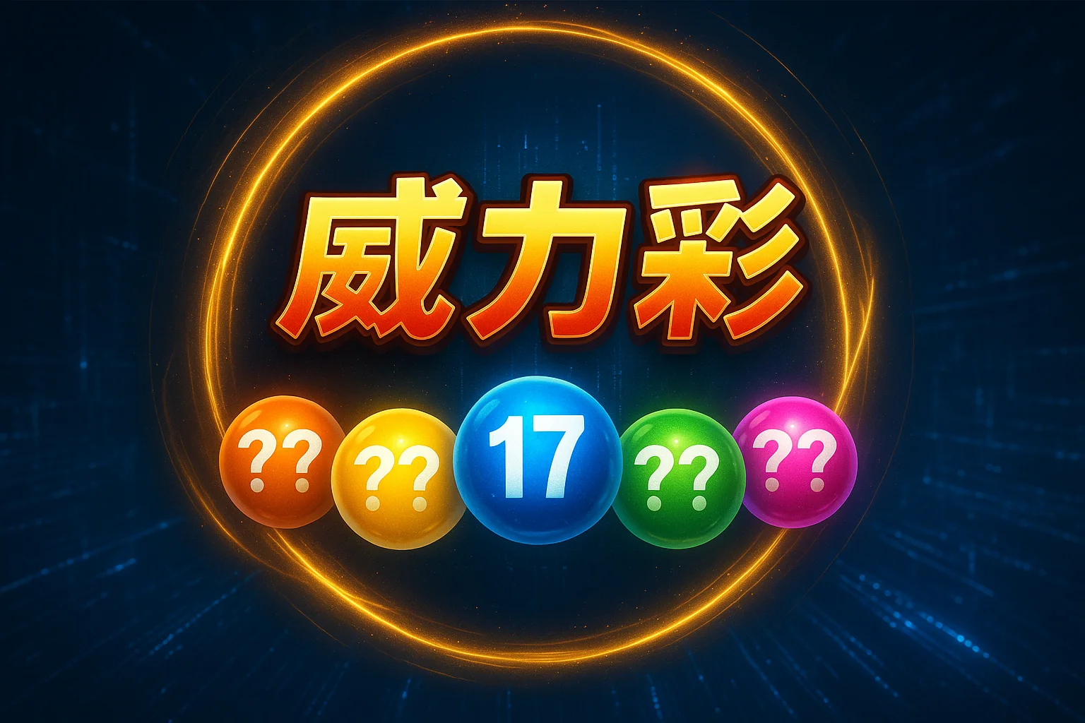 威力彩開獎畫面設計,藍色彩球顯示中獎號碼17,搭配五顆繽紛彩球,呈現台灣熱門樂透遊戲的中獎視覺效果</p>
<p>
