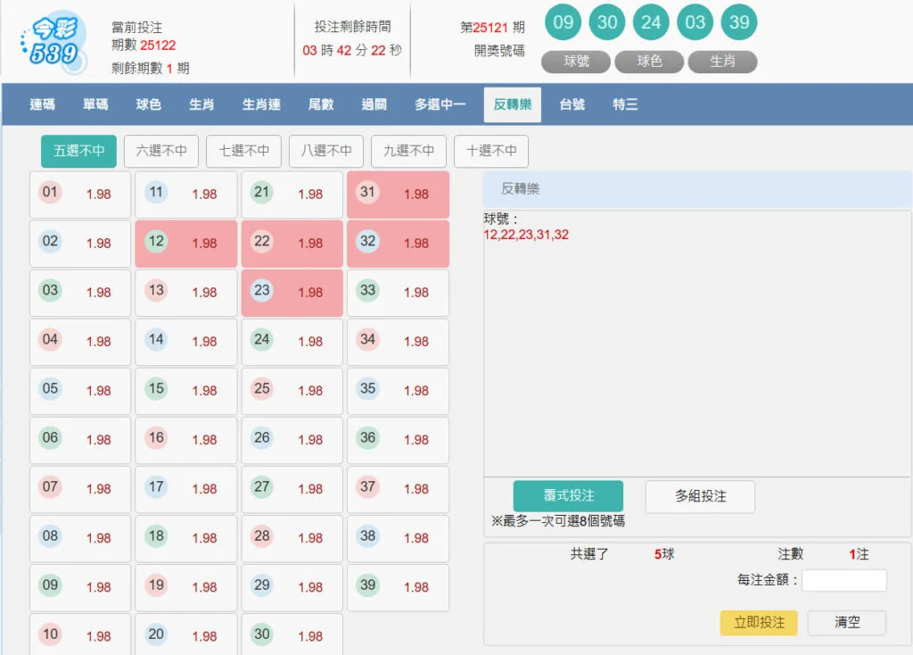 今彩539不出牌投注畫面,選擇5個號碼進行五選不中下注組合。
